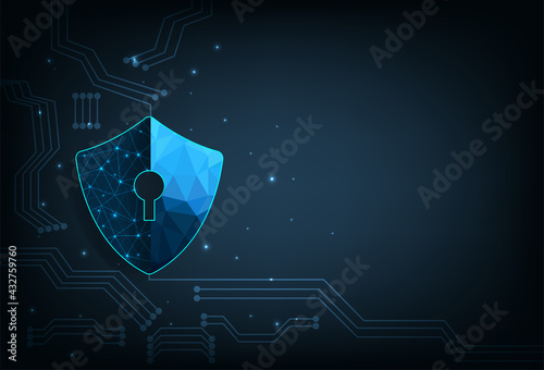 Cyber security shield design.Security shield icon digital display over on dark blue background.Technology for online data access defense against hacker and virus.Internet security concept. 