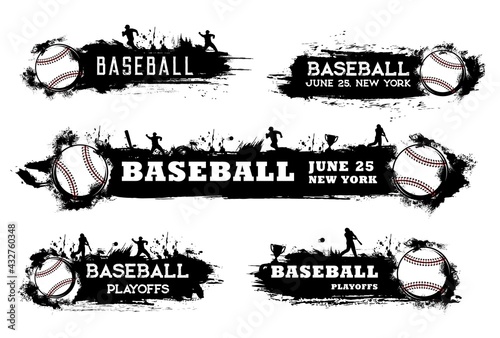 Baseball playoff banners and softball sport tournament vector flags. Baseball team and league championship playoff flags with players, ball and victory cup on black halftone background