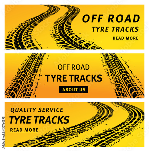 Tire track trails banners, car truck wheel prints on mud road, vector backgrounds. Off road car or bike motorcycle and truck skidding wheels service, yellow web banners with tire marks and scratches