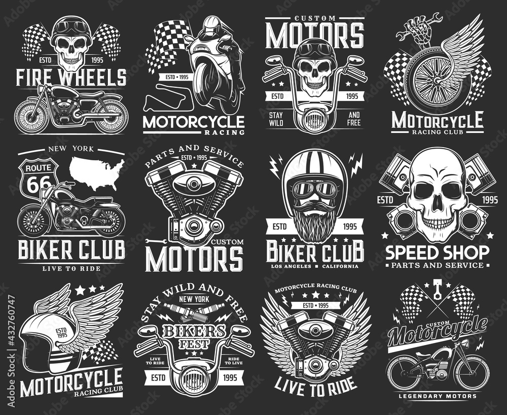 Biker club skull emblems, motorcycle races and speedway sport rides