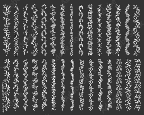 Floral borders, dividers and frame lines, vector calligraphy elements with flower ornaments. Floral garlands with leaves, buds and blossom of wild flowers, flowering plants and herbs, page decoration