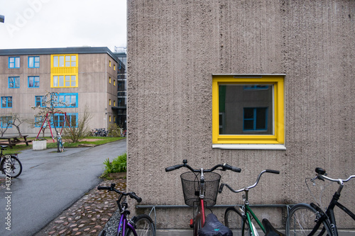 Canvas Print Stockholm, Sweden The Kungshamra student housing  neighbourhood in the Solna suburb made of concrete boxes with colorful blue and yellow window frames