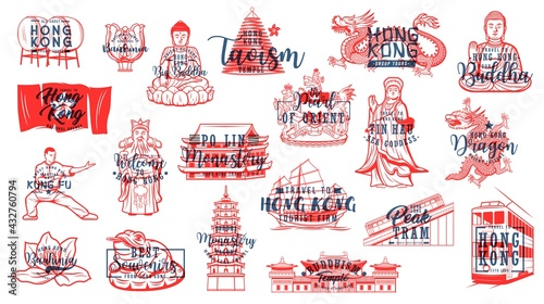 Hong Kong Buddhism symbols, travel landmarks vector icons. Chinese drums, Bauhinia flower and Buddha monument, Hong Kong flag and coat of arms, tram, junk ship and money toad, Tin Hau sea goddess