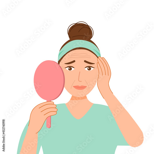 Woman look in the mirror and worry about wrinkles on her face in flat design on white background. Aging skin problem.