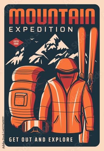 Mountain expedition vector retro poster. Tourism and rock climbing touristic equipment, clothing, skis, rucksack on rocks snowy peaks background. Travel, outdoor explore, extreme sport and adventure