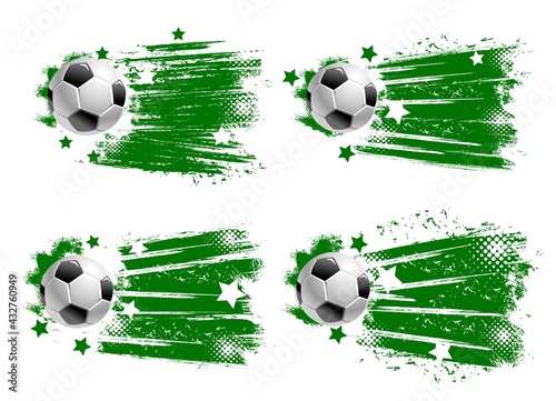 Football or soccer ball with grunge strokes and stars isolated vector sports accessory on white background. Equipment for playing game, championship or tournament competition. Realistic 3d labels set