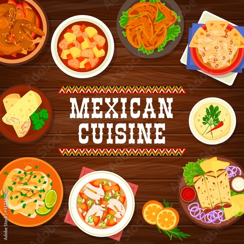 Mexican cuisine seafood and meat meals banner. Chicken in chocolate sauce, chicken stew and chili wings, tortilla chips and sandwich, white cheese dip, baked cod and fish soup, duck tacos vector