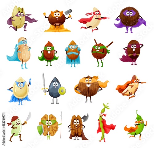 Nut, seed and bean superhero cartoon characters. Vector walnut, almond, peanut and hazelnut, pistachio, coconut, cashew, coffee and pecan, sunflower and pumpkin seeds with hero capes and masks