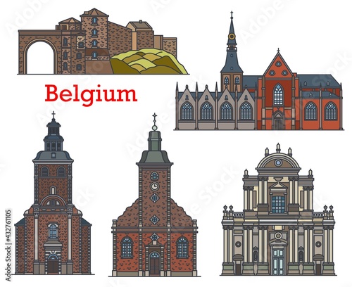 Belgium landmarks, churches and cathedrals of Namur, Stavelot and Hasselt, vector architecture. Belgium famous landmarks of Saint Sebastian Church in Stavelot and St Aubin Cathedral in Namur