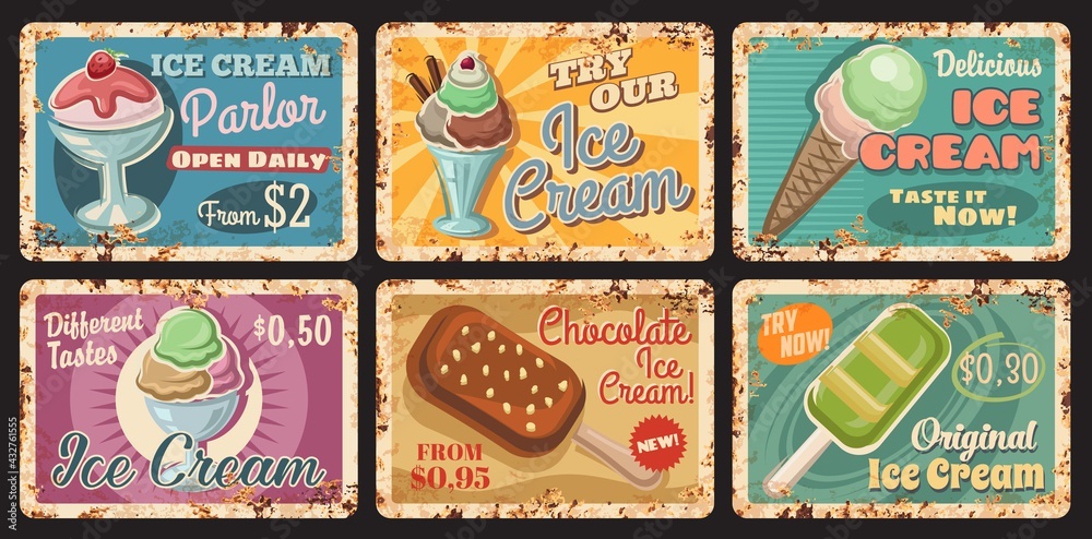 Ice-cream parlour rusty metal plate. Cafe frozen sweet dessert menu, vector gelato ball with strawberry and waffle cone, chocolate sundae with nuts, sorbet. Ice cream shop retro tin sign or plate