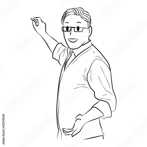 male teacher explain and write on the board pose line art vector illustration