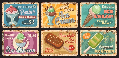 Ice-cream parlour rusty metal plate. Cafe frozen sweet dessert menu, vector gelato ball with strawberry and waffle cone, chocolate sundae with nuts, sorbet. Ice cream shop retro tin sign or plate