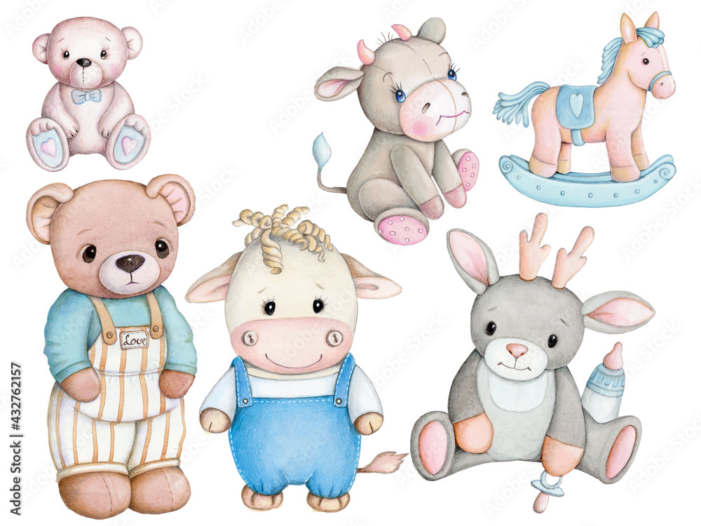 Set of cute baby soft toys, teddy bear, bull, deer, horse. Watercolor illustrations. Set of cute baby soft toys, teddy bear, bull, deer, horse. Watercolor illustrations.