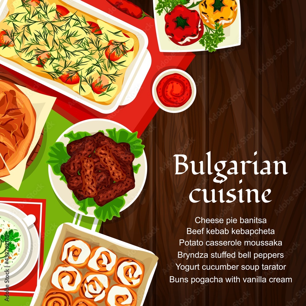 Bulgarian cuisine vector yogurt cucumber soup tarator, potato casserole
