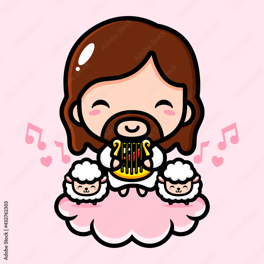 cute cartoon jesus vector design sitting on a cloud with a lamb holding a harp cute cartoon jesus vector design sitting on a cloud with a lamb holding a harp