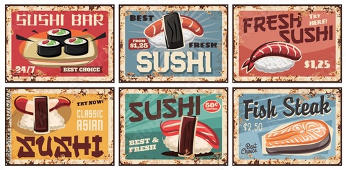 Sushi metal plates or retro posters, Japanese food cuisine and bar menu. Japanese sushi and rolls with salmon, shrimp or squid and nori seaweed with fish steak, restaurant lunch menu rusty plates