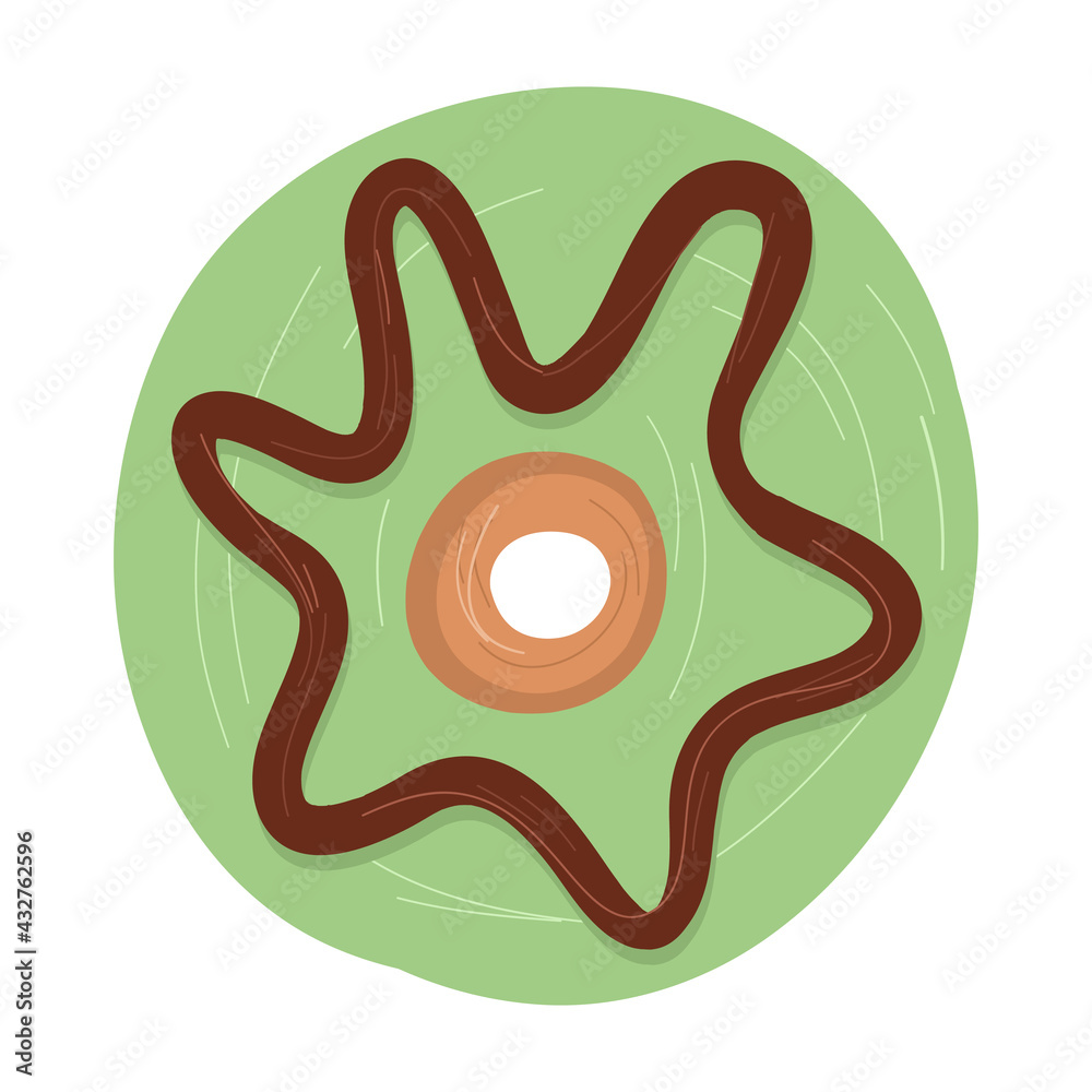 Cute delicious sweet donut with green icing and chocolate topping.Vector hand drawn cartoon Cute delicious sweet donut with green icing and chocolate topping.Vector hand drawn cartoon