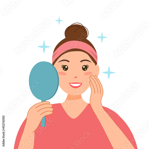 Woman look in the mirror and smiling in flat design on white background. Young lady love her beauty facial skin.