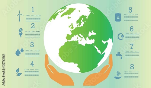 Happy earth day. Ecology concept. Design with globe map drawing and leaves on light brown background. vector illustration.
