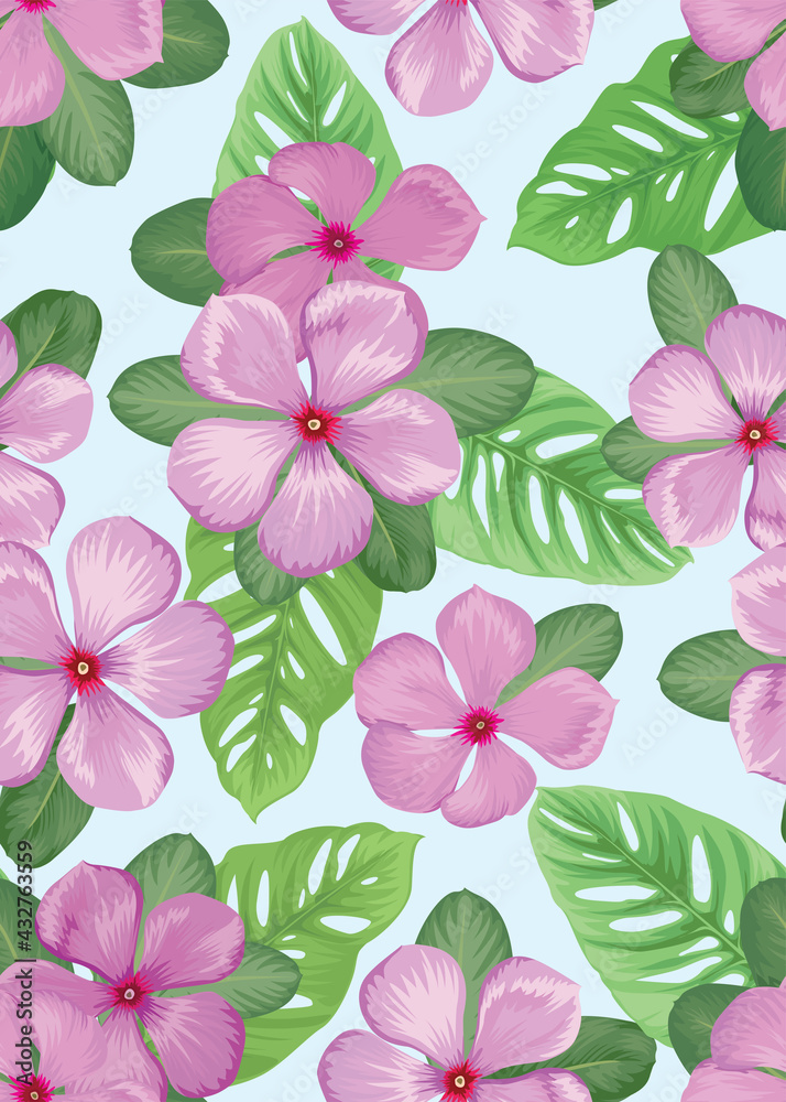 Seamless pattern of Vinca flower background template. Vector floral element set for wedding invitations, greeting card, brochure, banners and fashion design.