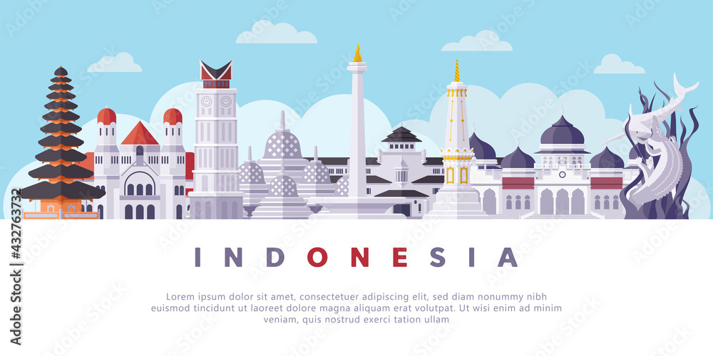 Naklejka premium Famous Indonesia Landmarks Flat Illustration