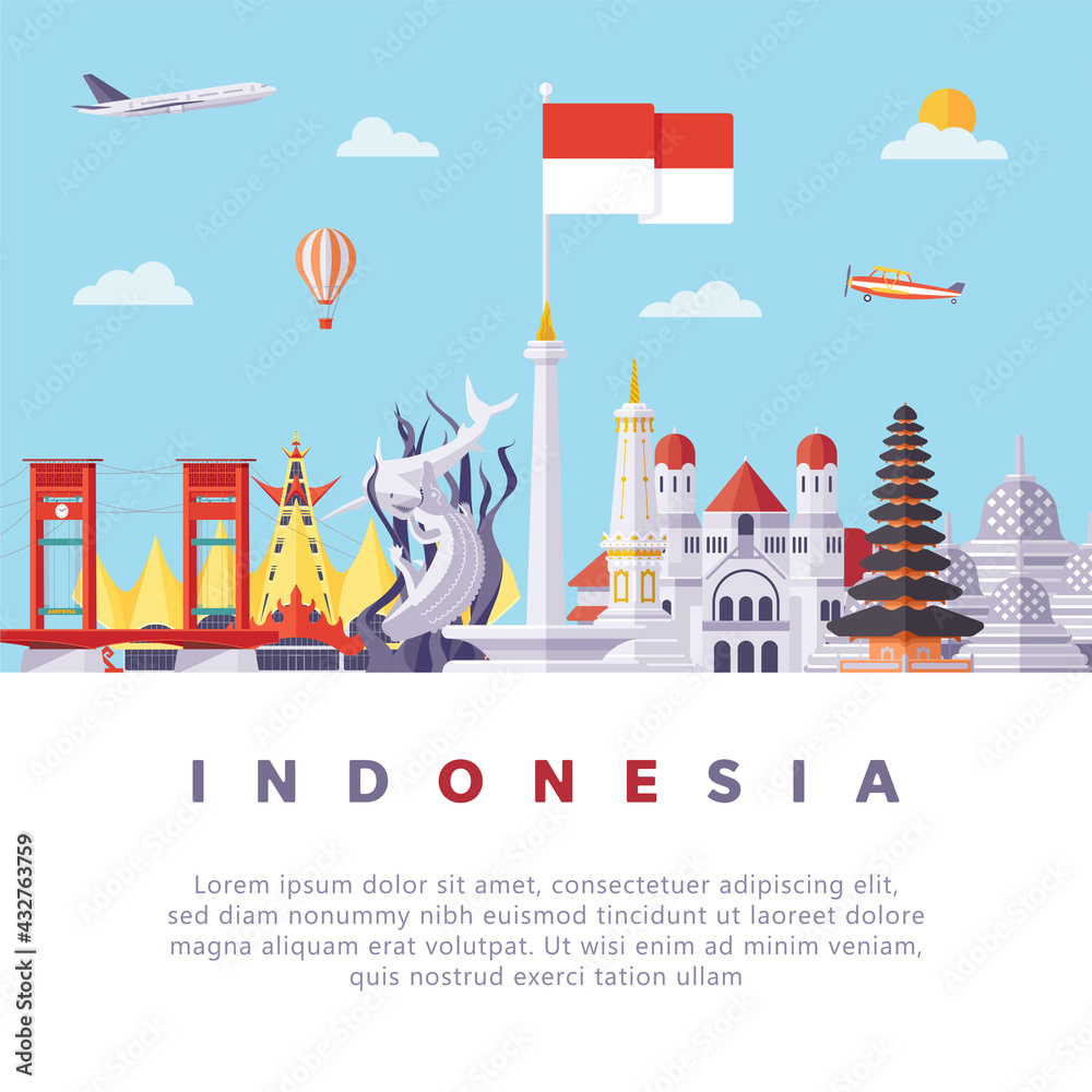 Famous Indonesia Landmarks Flat Illustration
