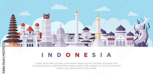 Famous Indonesia Landmarks Flat Illustration