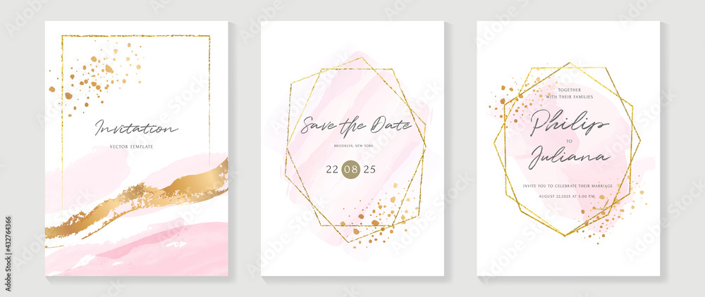 Luxury wedding invitation card vector. Invite cover design with watercolor blush and gold line texture.