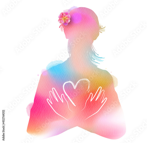 Fototapeta Naklejka Na Ścianę i Meble -  Women hugging heart symbol silhouette on watercolor background. Happy Mother's Day.  Digital art painting.