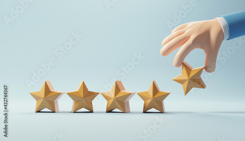 Evaluation concept. Businessman holding five star to increase rating of company, copy space, 3d render.
