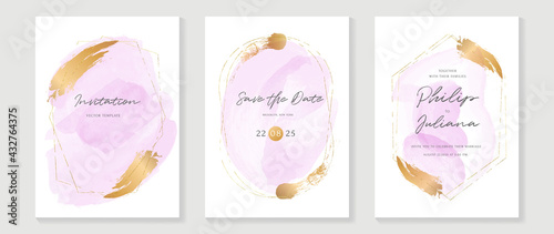 Luxury wedding invitation card vector. Invite cover design with watercolor blush and gold line texture.
