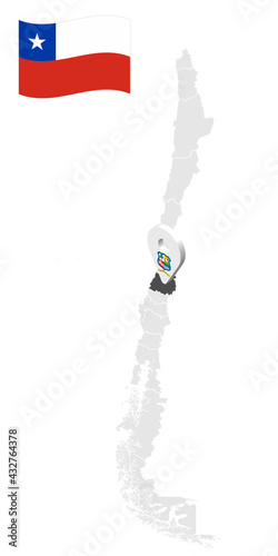 Location of  Maule Region on map Chile. 3d location sign similar to the flag of Maule. Quality map  with  provinces of  Chile for your design. EPS10