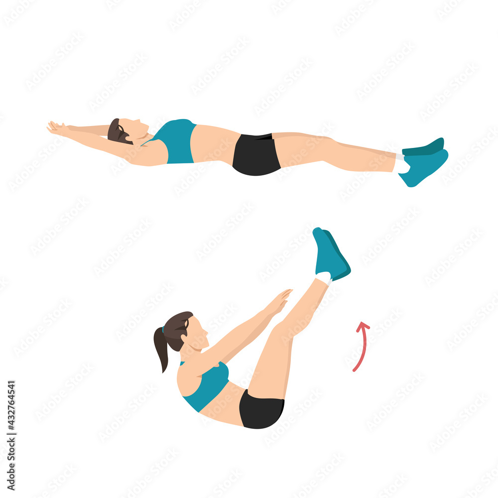 Woman doing toe touches. Jackknife sit ups. Crunches exercise flat vector illustration isolated on white background Woman doing toe touches. Jackknife sit ups. Crunches exercise flat vector illustration isolated on white background