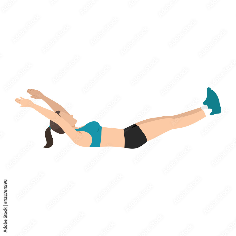 Woman doing hollow body rock hold exercise flat vector illustration isolated on white background Woman doing hollow body rock hold exercise flat vector illustration isolated on white background