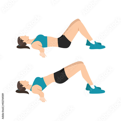 Woman doing hip raises. Butt lift. Bridges exercise flat vector illustration isolated on white background 