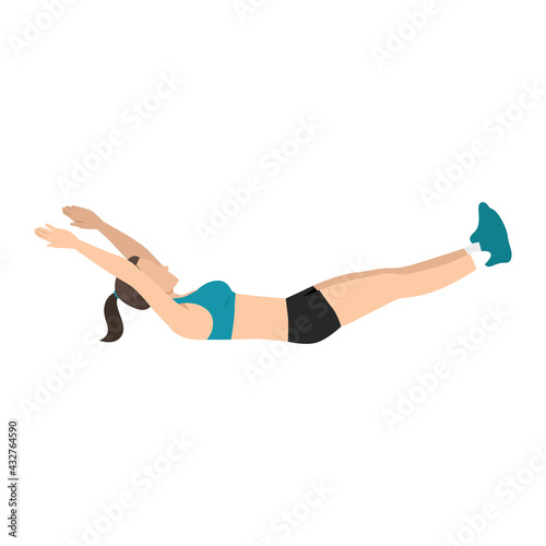 Woman doing hollow body rock hold exercise flat vector illustration isolated on white background 