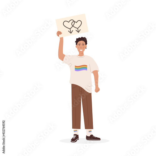A Gay in shirt with rainbow flag and other queer symbols at pride parade holding placard with same sex sign. Men at demonstration for equal rights. LGTB activist. Vector flat character on white.