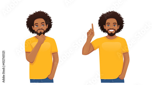 Young african man in casual clothes thinking looking away and making idea pointing up isolated on white background vector illustration