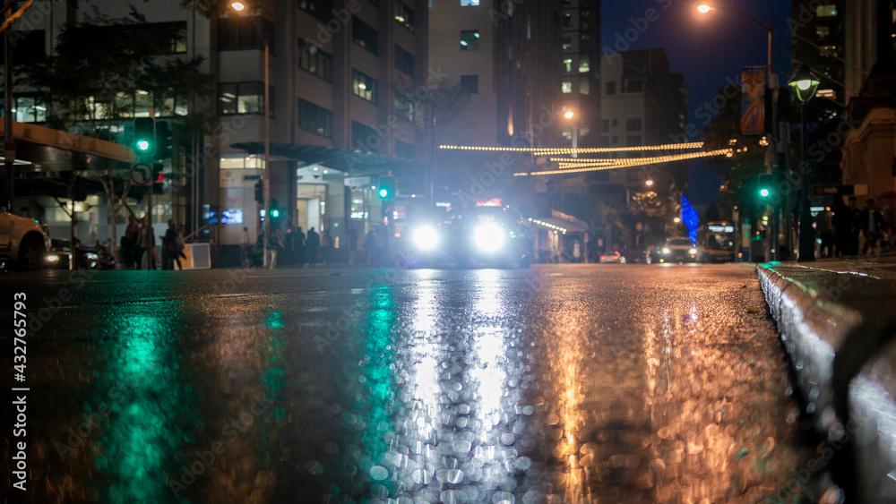 City Streets In The Rain At Night | Lights and Reflections Through Puddles On Street