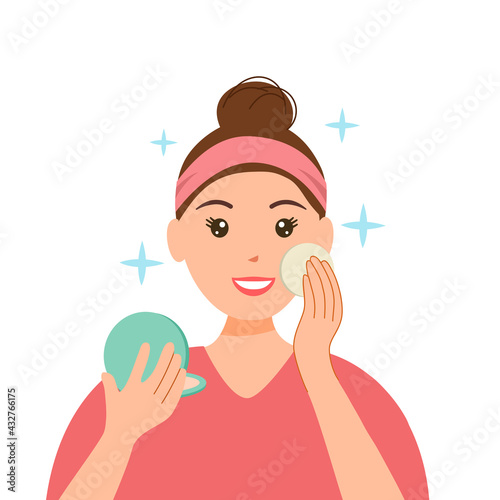 Facial makeup concept. Beautiful Asian woman applying powder on face in flat design.