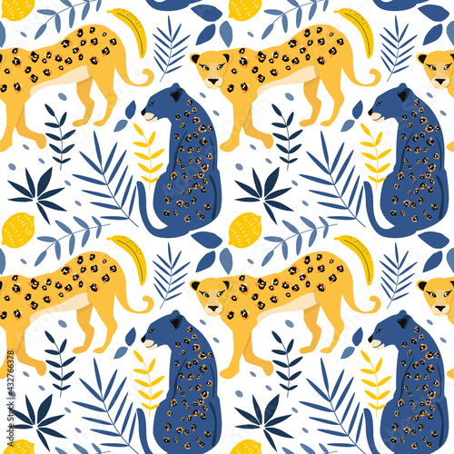 cute seamless pattern with hand drawn leopards, bananas. lemons and palm leaves. summer tropical background in flat style. wild animal print. pattern for printing on fabric, clothing, wrapping paper