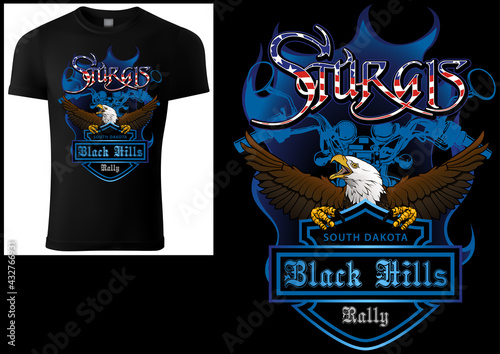 T-shirt Design Sturgis with Bald Eagle and Blue Coat of Arm and Blue Motorcycle Drawing - Colored Illustration Isolated on Black Background, Vector