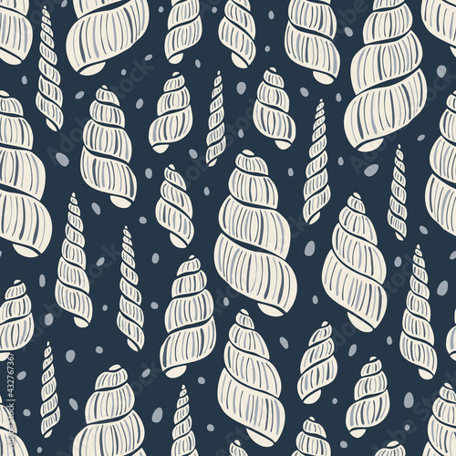 Hand-Drawn Doodle Sea Shells, Fossils and Pebbles Vector Seamless Pattern. Summer Beach Seaside Print. Ocean Fashion Textile Red and White Background. Seashore Elements Texture for Fabrics, Wallpapers