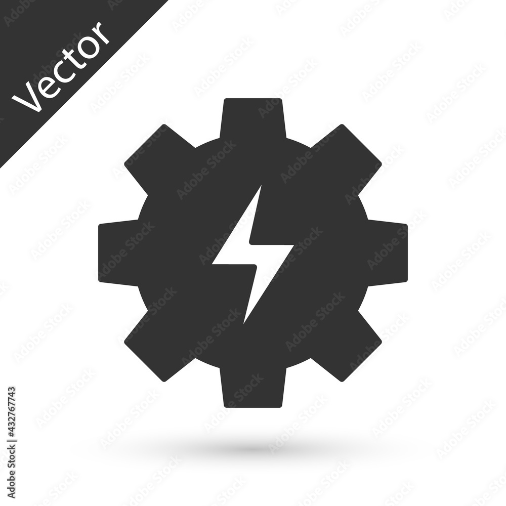 Grey Gear and lightning icon isolated on white background. Electric power. Lightning bolt sign. Vector Grey Gear and lightning icon isolated on white background. Electric power. Lightning bolt sign. Vector