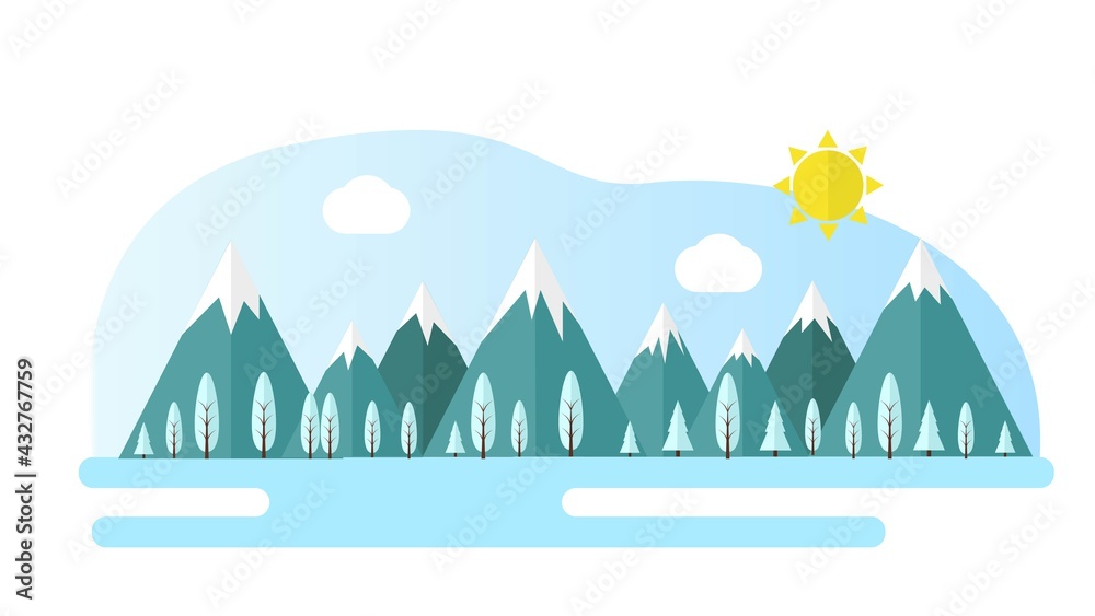 Flat Winter Landscape with Sun and Mountains
