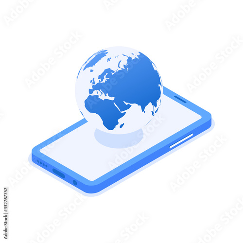 Wallpaper Mural Global communication concept. Smartphone with planet icon. Vector illustration in isometric style. Isolated on white background Torontodigital.ca