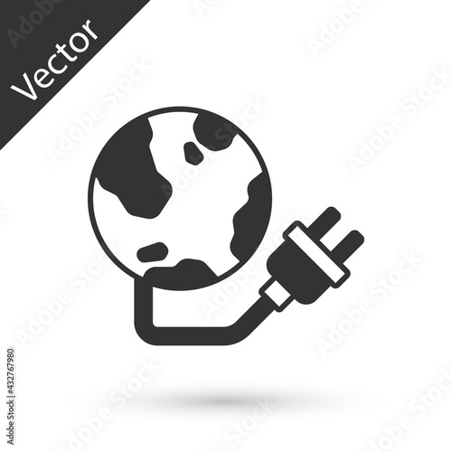 Grey Global energy power planet with plug icon isolated on white background. Ecology concept and environmental. Vector photo