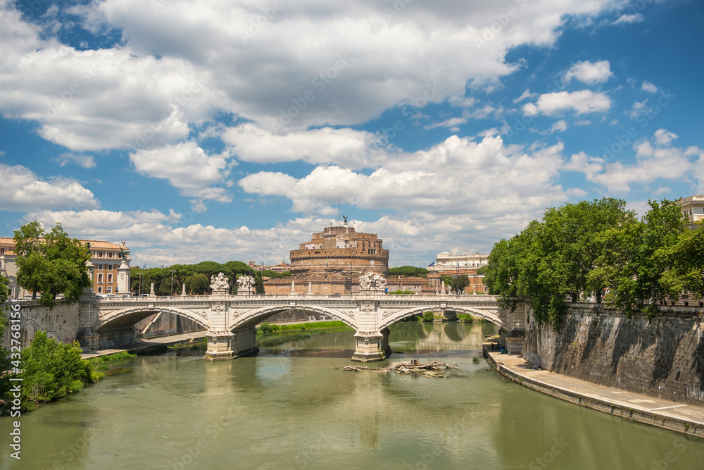 Saint Angelo castle and bridge over the Tiber river in Rome