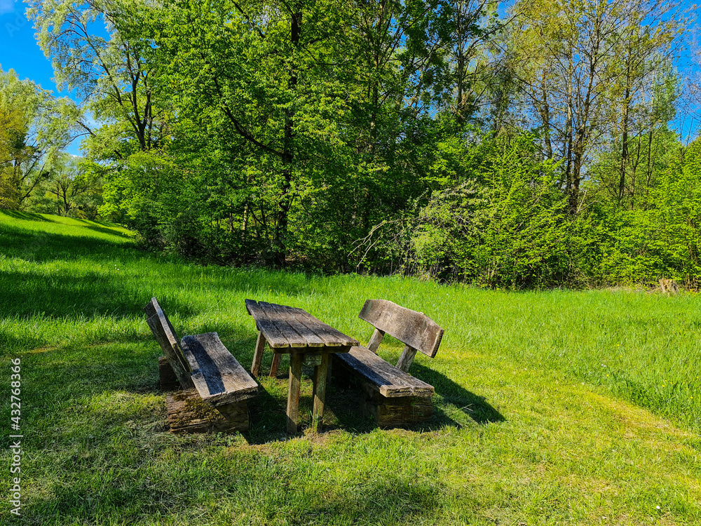 Rustic wooden picnic table with benches in the middle of a green meadow on the edge of the forest.