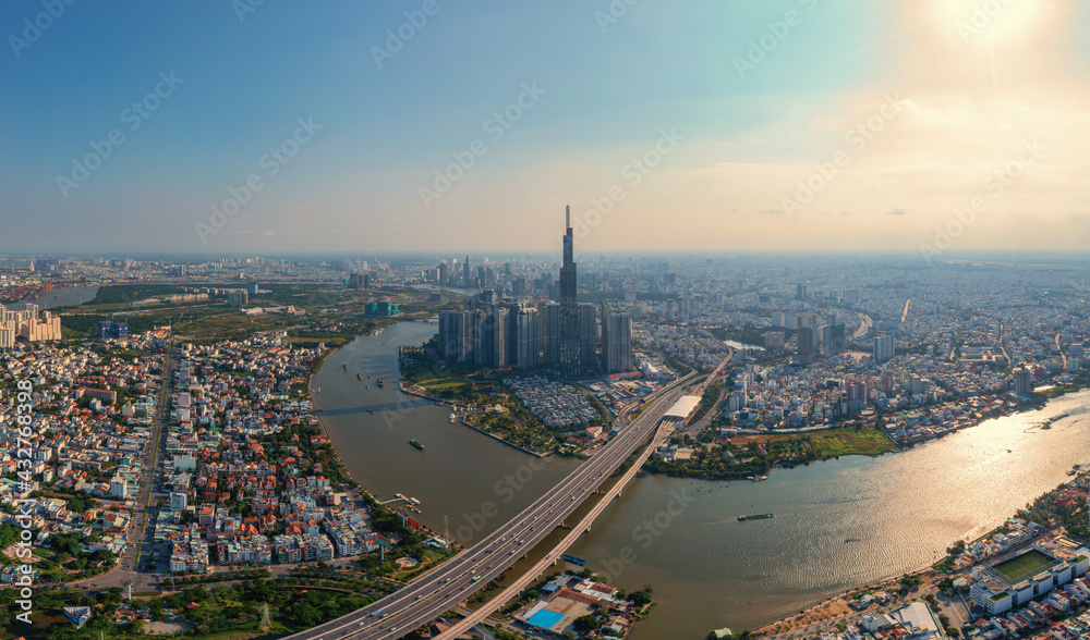 Drone view photo of Ho Chi Minh city skyline in morning